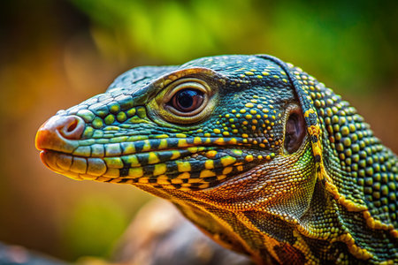 This captivating minimalist photograph showcases a mesmerizing Ackie Monitor Lizard, a native Australian reptile.  The close-up perspective highlights the intricate detail of its remarkable scaly skin, showcasing the natural beauty of desert wildlife.  The simple, clean background allows the lizard to take center stage, emphasizing its unique features and the textures of its skin.  Each scale appears distinctly, a testament to the reptile's remarkable adaptation to its arid environment.  The minimalist aesthetic elevates the image, focusing on the subject's inherent elegance and the beauty of its natural habitat.  This stunning portrait captures the essence of Australian wildlife, offering a glimpse into the diversity and resilience of the desert ecosystem.  The lizard's focused gaze and poised posture contribute to the image's overall impact, creating a powerful and captivating visual narrative.  Notice the sharpness of the image, revealing the intricate details of the reptile's body.  The clean lines and straightforward composition of the shot emphasize the elegance of the subject, which is further enhanced by the subtle contrast of its scales against the background.  The image's clarity and detail allow for a profound appreciation for the beauty and majesty of this Australian desert reptile.  This minimalist reptile portrait is ideal for nature lovers, wildlife enthusiasts, and photography aficionados seeking a striking image to showcase the wonders of the natural world.の素材
