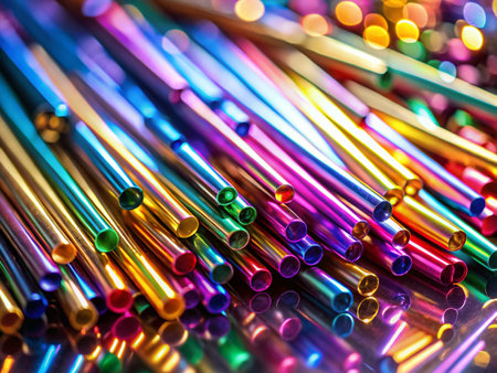 Abstract Miniature Metal Straws: Tilt-Shift Photography of Shiny Metallic Drinking Strawsの素材
