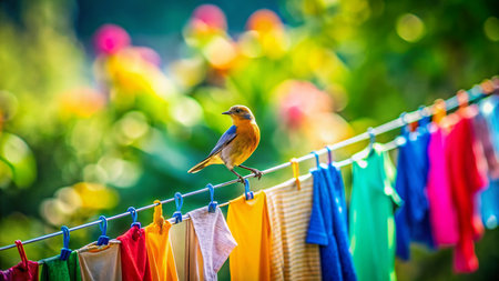 Candid Photo: Bird Perched on a Clothesline in Soft Sunlightの素材