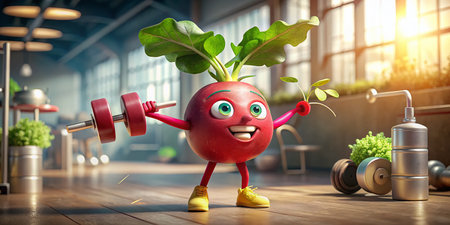 Cartoon Radish Bodybuilder: Gym Workout, Protein Bar, Funny Fitness Illustrationの素材