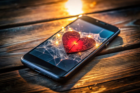 Broken Heart Cell Phone Screen - Night Photography Stock Photoの素材