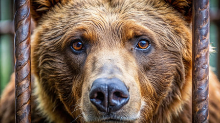 Captive Brown Bear Close-Up: Head and Shoulders Emerging from Enclosureの素材