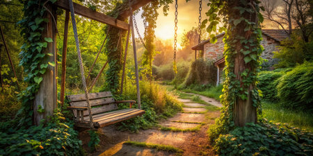Childhood Scrapes:  A weathered wooden swing set, overgrown with ivy, stands near a dirt path, hinting at past adventures and playful falls.の素材