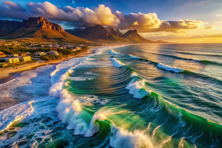 Cape Town Beach: Aerial View of Ocean Waves Crashing on Sandy Shoreの素材