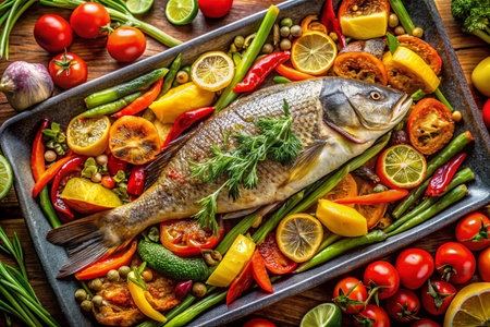 Baked Fish with Colorful Vegetables â Delicious &amp; Healthy Recipe Stock Photoの素材