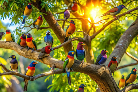 Birds Perched on Branches of a Spreading Tree - High Depth of Field Stock Photoの素材