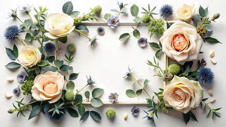 Beige Rose, Eryngium &amp; Eucalyptus Floral Border Frame - Flat Lay, White Backgroundの素材