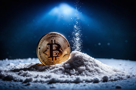 Bitcoin Cryptocurrency Long Exposure on Powdery Surface, Dark Blue Backgroundの素材