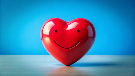 Cheerful Red Heart Smiling on Blue Background - Happy Valentine's Day Stock Photoの素材
