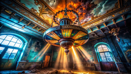 Abandoned Building Interior: Elegant Three-Light Chandelier in Decaying Roomの素材