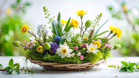 2025 Spring Greetings: Delicate Twig &amp; Flower Arrangement, Tilt-Shift Photographyの素材