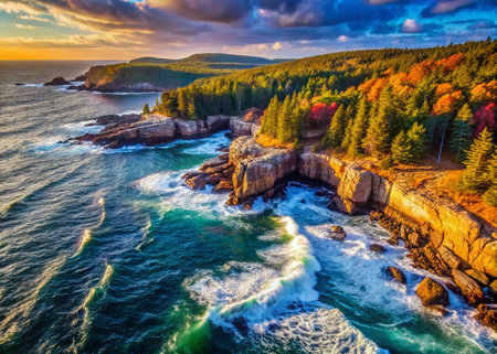 Aerial View of Coastal Maine Landscape, Dramatic Cliffs &amp; Oceanの素材