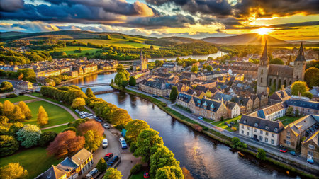Aerial View of Inverness Village, Scotland - Drone Photographyの素材