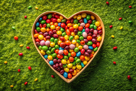 Aerial View of Heart-Shaped Box Overflowing with Colorful Candiesの素材