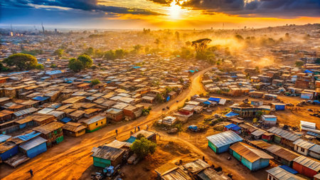 Aerial View of African Refugee Camp Settlement, Showing Poverty and Overcrowdingの素材
