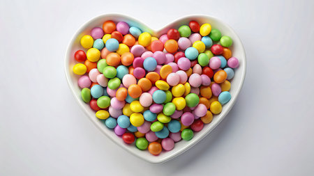Aerial View of Heart-Shaped Plate with Colorful Round Candies - Drone Photographyの素材