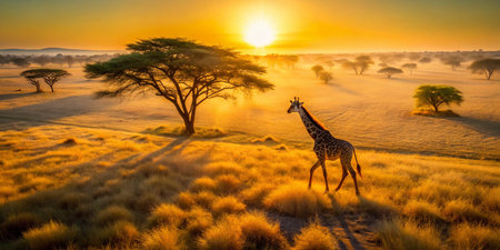 Aerial View of a Dark Giraffe in the African Savanna at Sunsetの素材
