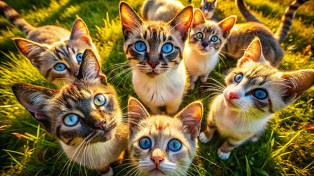Aerial View of Blue-Eyed Cats Playing in a Sunlit Meadowの素材