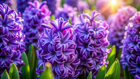 Aerial View of Hyacinth Macro, Vibrant Purple Flowers Blooming in Spring Gardenの素材