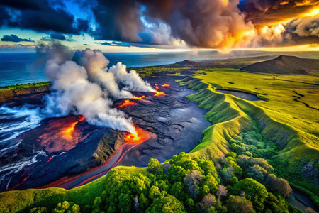 Aerial View of Hawaii Volcanoes National Park's Volcanic Landscapeの素材