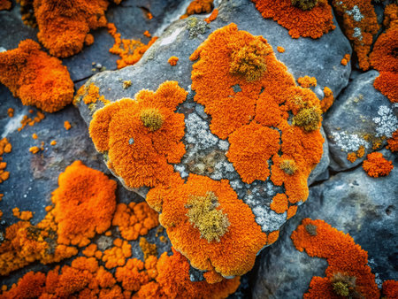 Aerial View: Vibrant Orange Lichen &amp; Moss on Weathered Stoneの素材