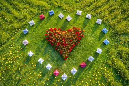 Aerial View of Romantic Valentine's Day Stamp Set Design, Heart-Shaped Fields &amp; Love Lettersの素材