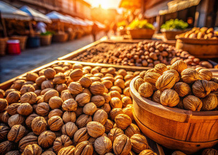 Aerial View of Walnuts at a Roman Market Stall - Drone Photographyの素材