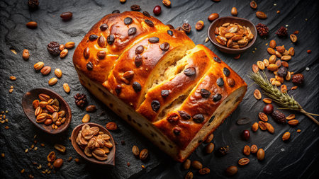 Aerial View of Sweet Raisin Bread on Black - Toned Generative AI Stock Photoの素材