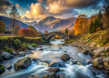 Ashness Bridge, Lake District, England - Long Exposure River &amp; Mountain Landscape Photographyの素材
