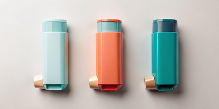 Asthma Inhalers Lay Flat Product Shot: Healthcare, Medication, Treatment, Respiratory, Allergy Reliefの素材