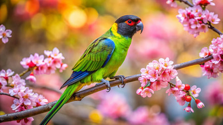 Black Hooded Nanday Parakeet Parrot on Spring Branch, California Wild Bird Drone Photographyの素材