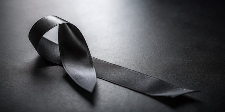 Black Mourning Ribbon on Dark Background: Remembrance and Grief Stock Photoの素材