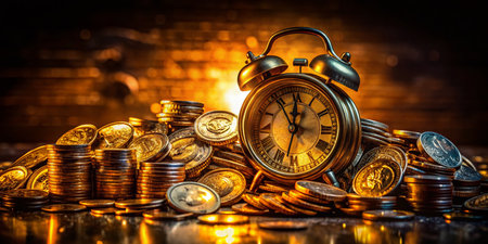 Bitcoin Cryptocurrency Wealth Time Management Alarm Clock Night Photographyの素材