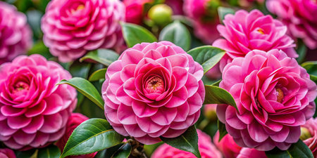 Blooming Pink Camellia Flowers Close-Up, Vibrant Pink Petals, Full Bloom, Delicate Floral Composition, Nature Photographyの素材