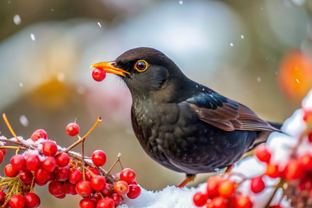 Blackbird on Snowy Branch Eating Berries - Winter Wildlife Stock Photoの素材