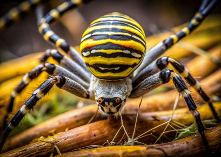 Black and Yellow Striped Spider Close-Up: Detailed Macro Photography of Argiope Spiderの素材