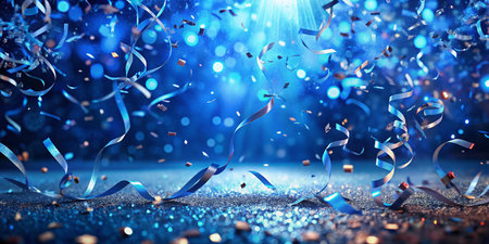 Blue Celebration Background: Confetti, Ribbons &amp; Ray Light - Stock Photoの素材