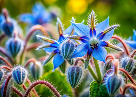 Borage officinalis: Vibrant Blue Starflower Macro Photography Stock Photoの素材