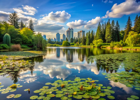 Burnaby Deer Lake: Serene Water Lilies, Forest, &amp; City Skyline - Candid Stock Photoの素材