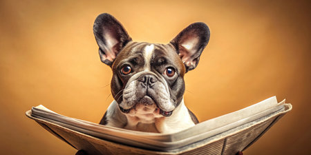 Charming French Bulldog Reading Newspaper - Funny Pet Stock Photoの素材