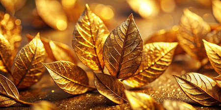 Close-up Tilt-Shift Photography:  Golden Metallic Leaves Arrangementの素材