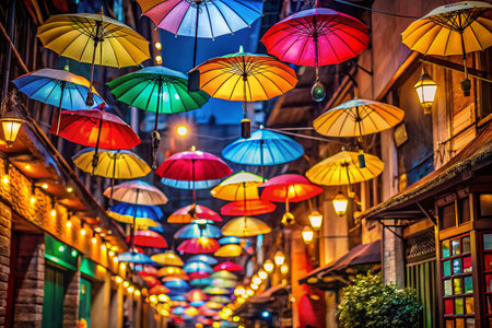 Colorful Umbrellas Illuminate Night Street Food Sceneの素材