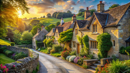 Cotswolds Stone House, Country Road, England, Rural Scene, Idyllic Cottageの素材