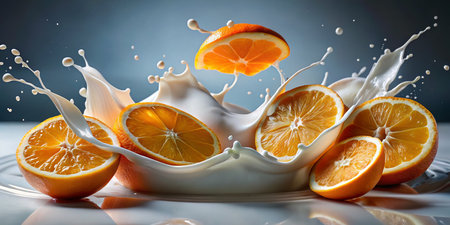 Creamy Yogurt Splashing on Orange Slices: Vibrant Food Photographyの素材
