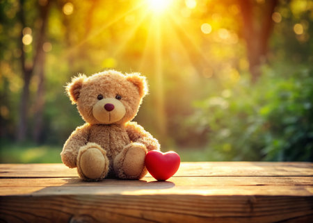 Cute Teddy Bear with Red Heart, Morning Sunlight, Wooden Table - Stock Photoの素材