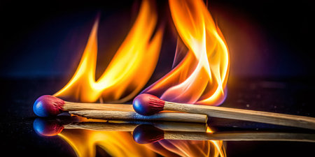 Close-up Tilt-Shift Photo of Two Burning Matches, Intense Flame, Black Backgroundの素材