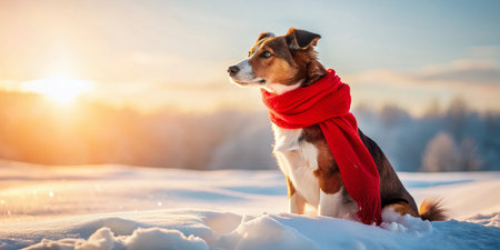 Cute Dog in Red Scarf, Snowy Silhouette, Winter Pet Photographyの素材