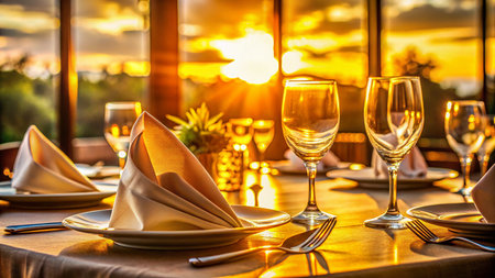 Elegant Sunset Dining: Fine Restaurant Table Setting with Glassware &amp; Linen Napkinsの素材