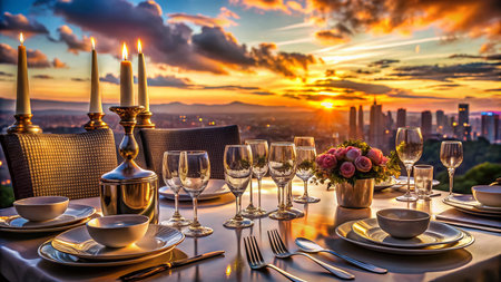Elegant Sunset Dinner: Panoramic Cityscape View Table Settingの素材