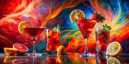 Elegant Red Cocktails with Citrus Garnishes on Abstract Background - Surreal Photography Stock Photoの素材